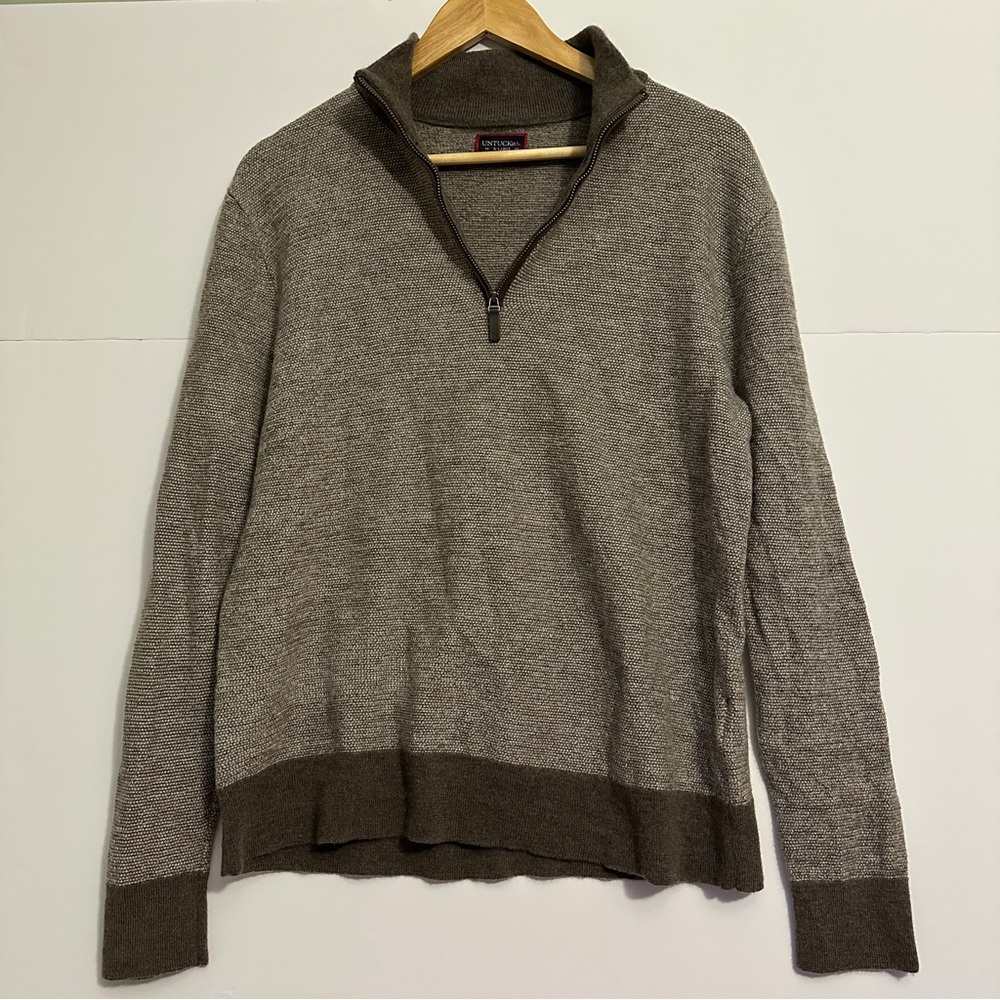 UNTUCKit Belguardo Quarter Zip Men‎ XL Brown Merino Wool Jacquard Sweater 41312